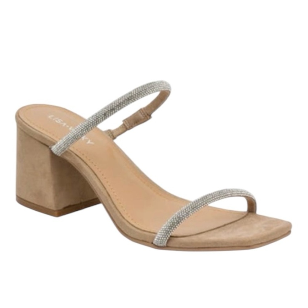 Lisa Vicky Women’s Mood V Silver Hotfix Block Heels Slip On Sandal Size 7 M New